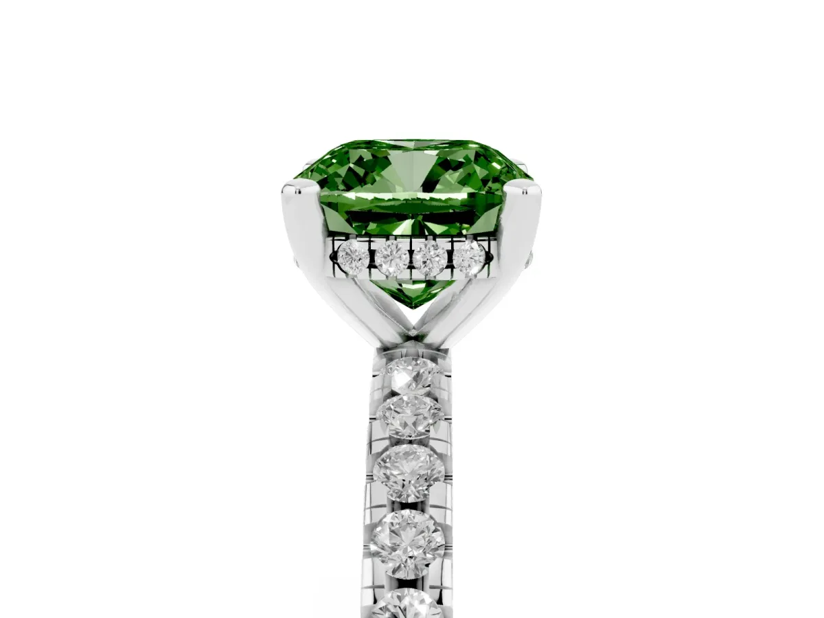 Fancy Green Cushion Cut Diamond Solitaire Ring with Round Pavé Band and Four-Prong Setting Silver