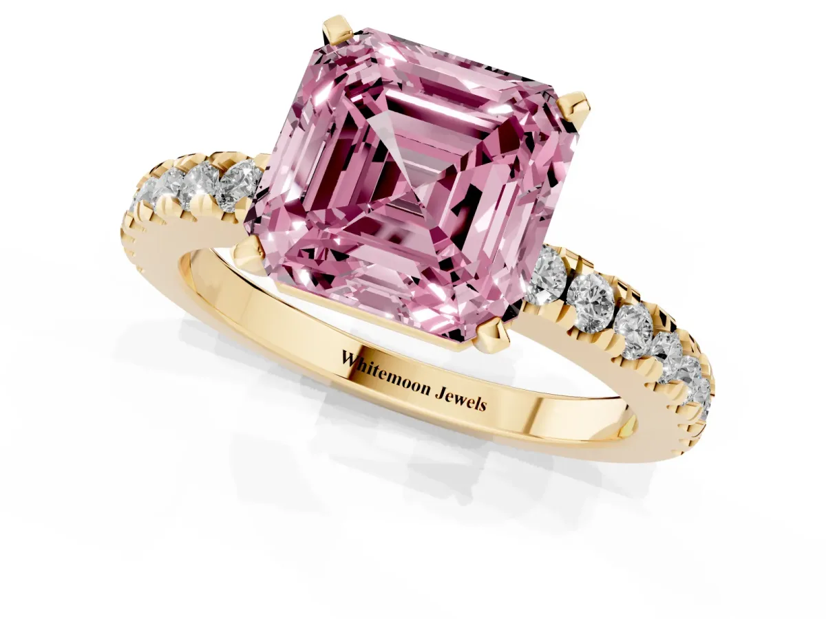 Fancy Pink Asscher Cut Solitaire Diamond with Pavé Band and Four-Prong Setting Yellow gold