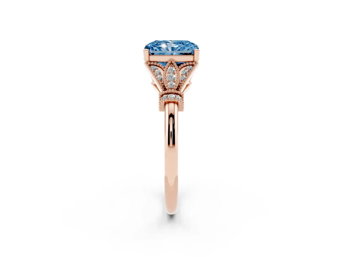 Fancy Blue Radiant Cut Diamond Solitaire Ring with Floral Filigree and Pave Accents Rose gold