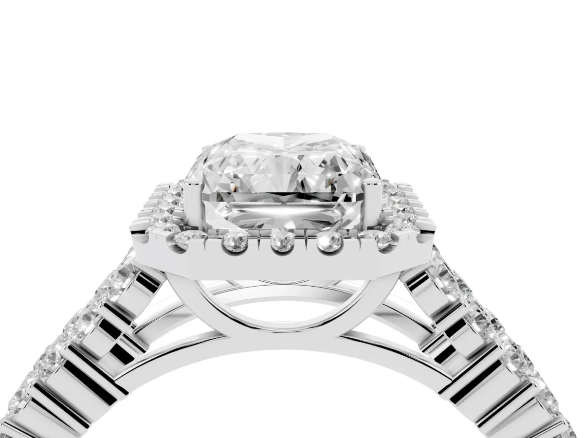 Radiant Cut Diamond Halo Engagement Ring with Triple Row Round Pavé Band and Prong Setting Platinum