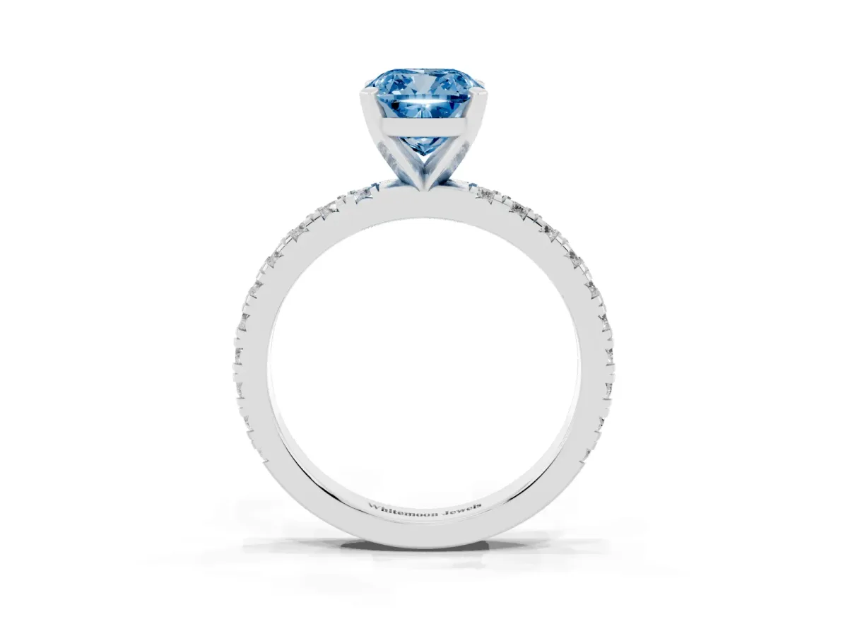 Fancy Blue Cushion Cut Diamond Pavé Band Solitaire with Four-Prong Setting Platinum