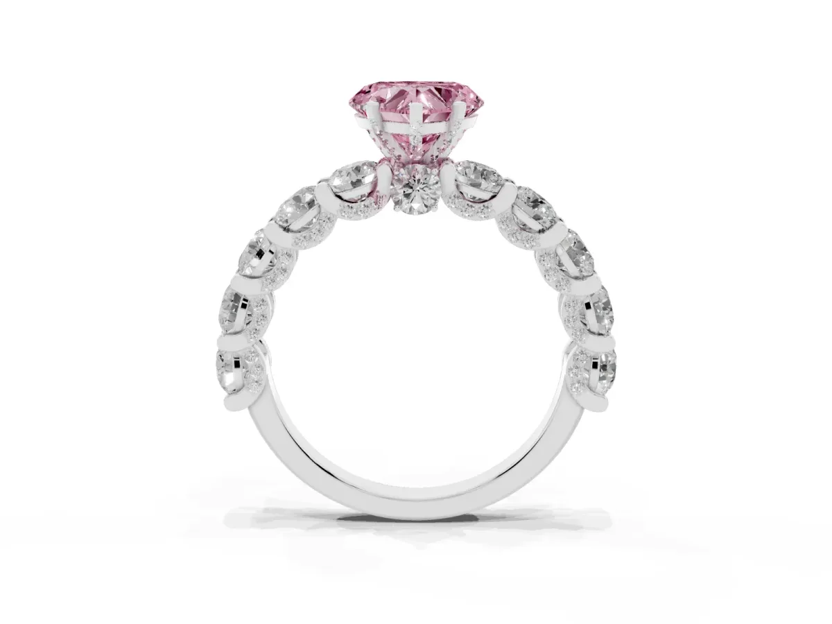 Fancy Pink Heart Cut Diamond Side Stone Engagement Ring with Four-Prong Setting Silver