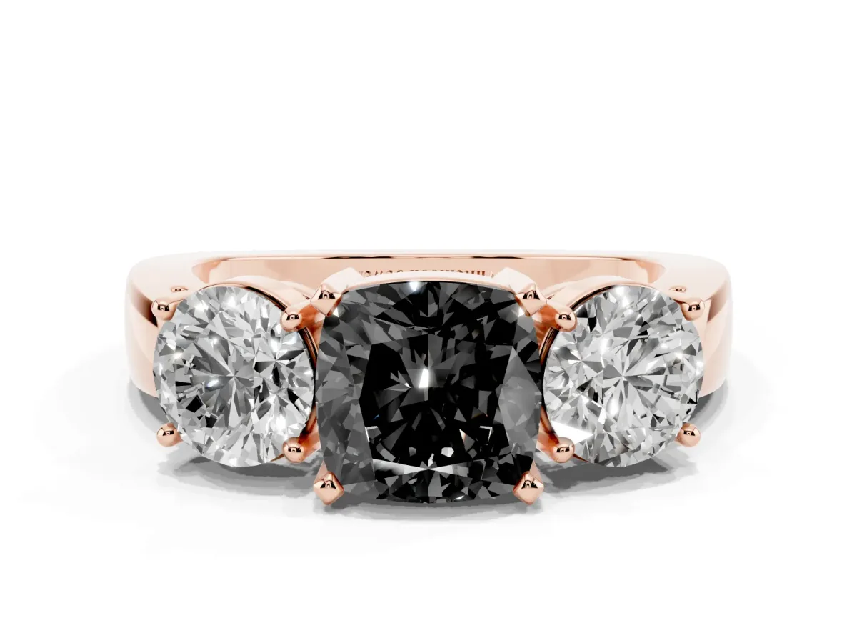 Fancy Black Three-Stone Cushion Cut Diamond Ring with Round Side Stones, Classic Band, and Four-Prong Setting Rose gold