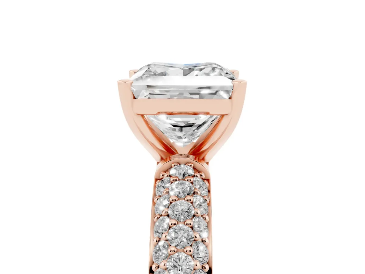 Princess Cut Diamond Solitaire Ring with Prong Setting and Pavé Band Rose gold