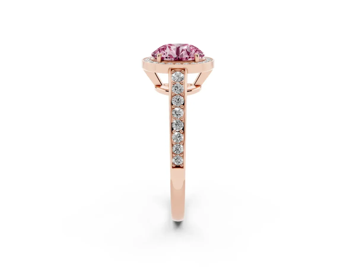 Fancy Pink Round Cut Halo Pavé Diamond Engagement Ring with Bezel Setting Rose gold