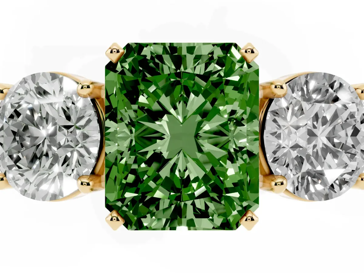 Fancy Green Three-Stone Radiant Cut Diamond Ring with Round Side Stones, Classic Band, and Four-Prong Setting Yellow gold