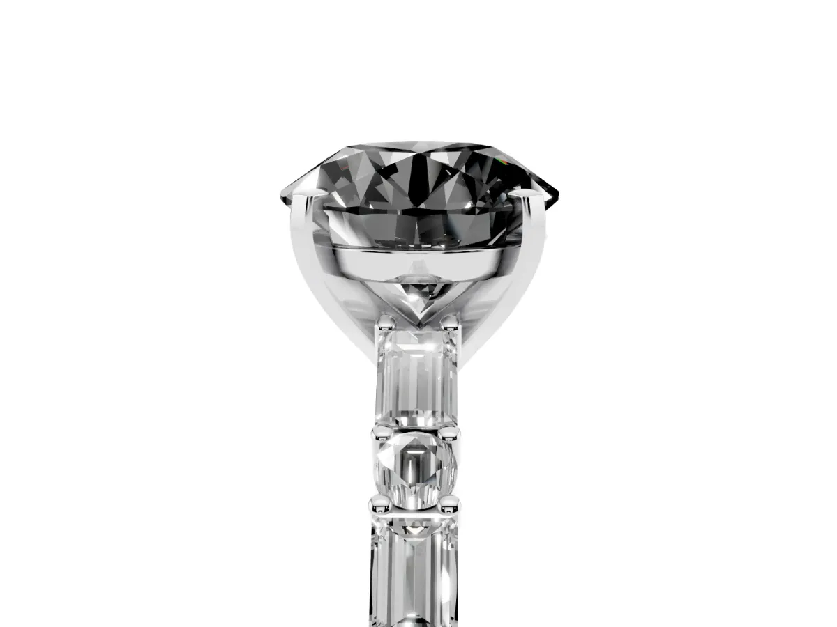 Fancy Black Round Cut Diamond Solitaire with Side Baguettes and Channel Set Band White gold