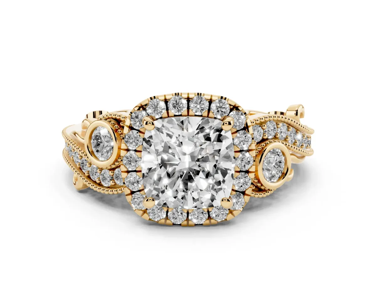 Cushion Cut Diamond Halo Ring with Milgrain Pavé Band and Four-Prong Setting Yellow gold