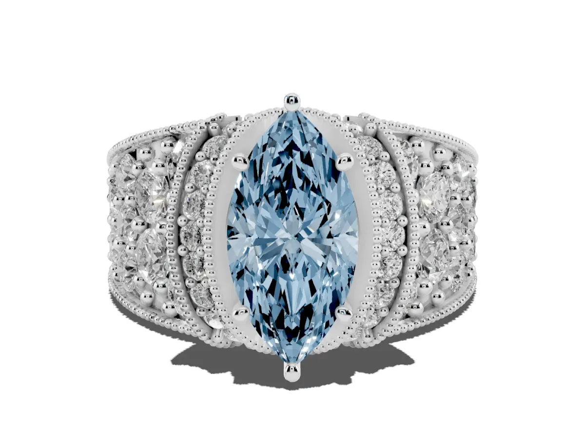 Fancy Blue Marquise Cut Halo Pave Diamond Engagement Ring with Milgrain Detailing White gold