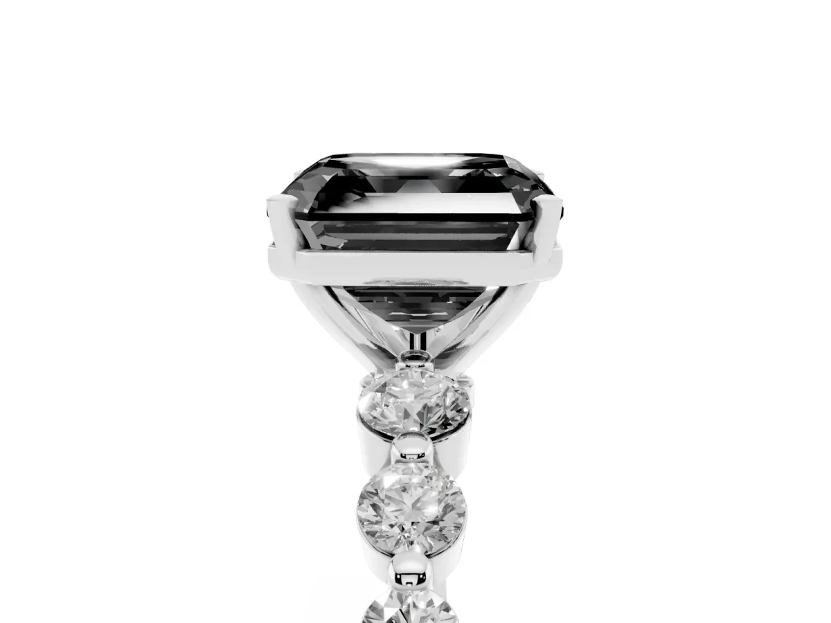 Fancy Black Asscher Cut Solitaire Diamond Ring with Pave Band and Four-Prong Setting Silver