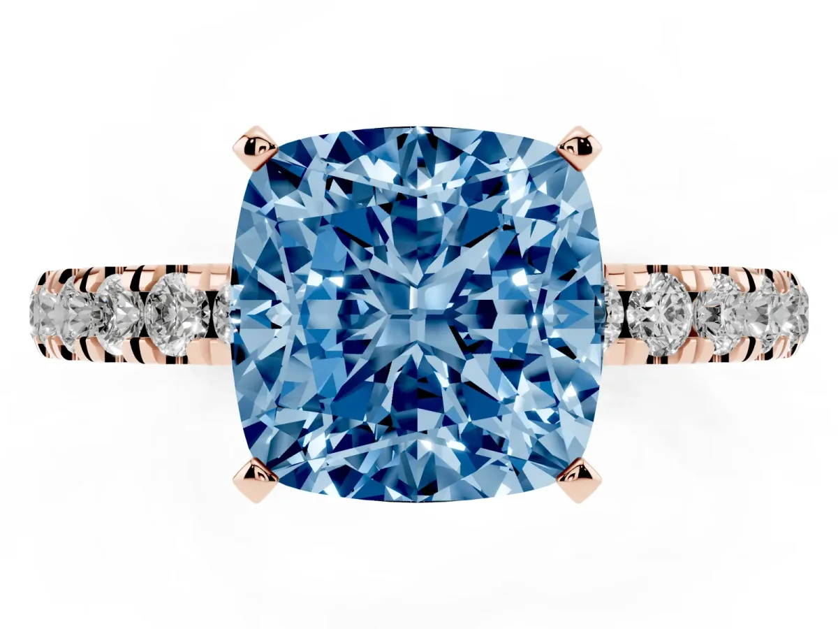 Fancy Blue Cushion Cut Diamond Solitaire Ring with Pavé Accents and Four-Prong Setting Rose gold