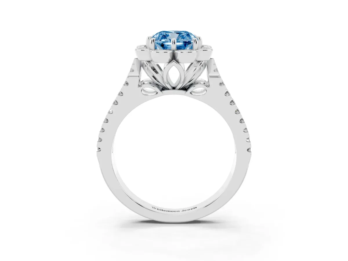 Fancy Blue Cushion Cut Halo Diamond Floral Split Shank Engagement Ring Silver