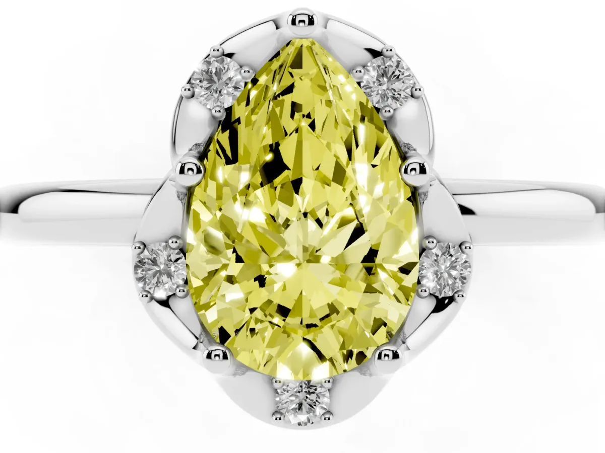 Fancy Yellow Pear Cut Halo Diamond Ring with Round Cluster Setting, Solitaire Band, and Four-Prong Setting Platinum