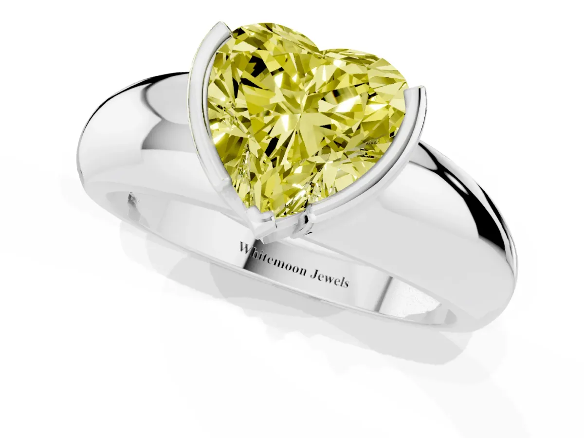 Fancy Yellow Heart Cut Solitaire Tension Set Diamond Ring with Wide Band White gold