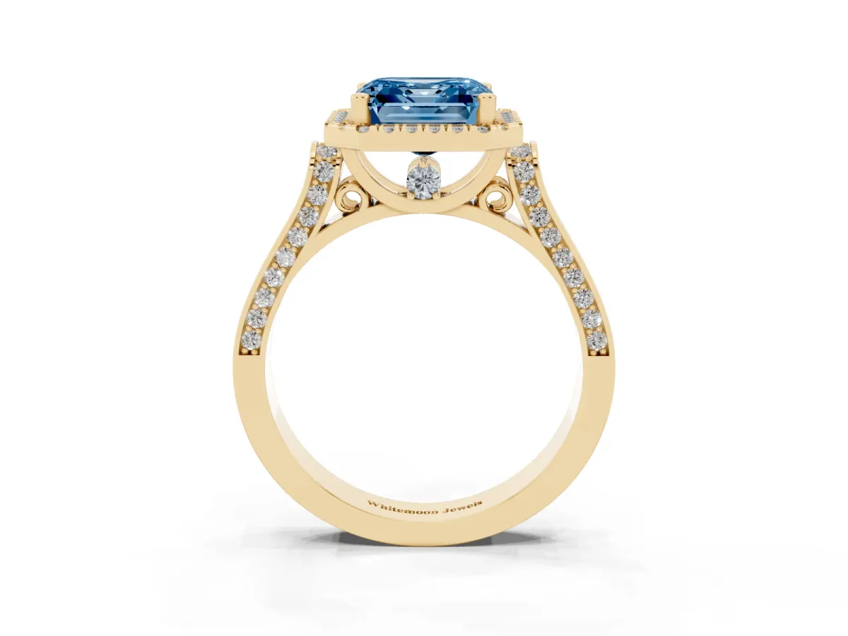 Fancy Blue Asscher Cut Halo Pave Split Shank Prong Setting Ring Yellow gold
