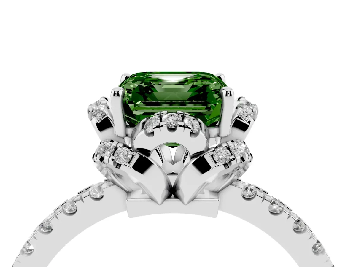 Fancy Green Asscher Cut Diamond Halo Pave Band with Four-Prong Setting Platinum
