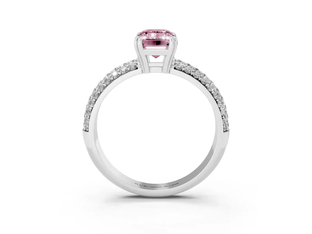 Fancy Pink Emerald Cut Diamond Solitaire Ring with Multi-Row Round Pavé Band and Prong Setting Silver