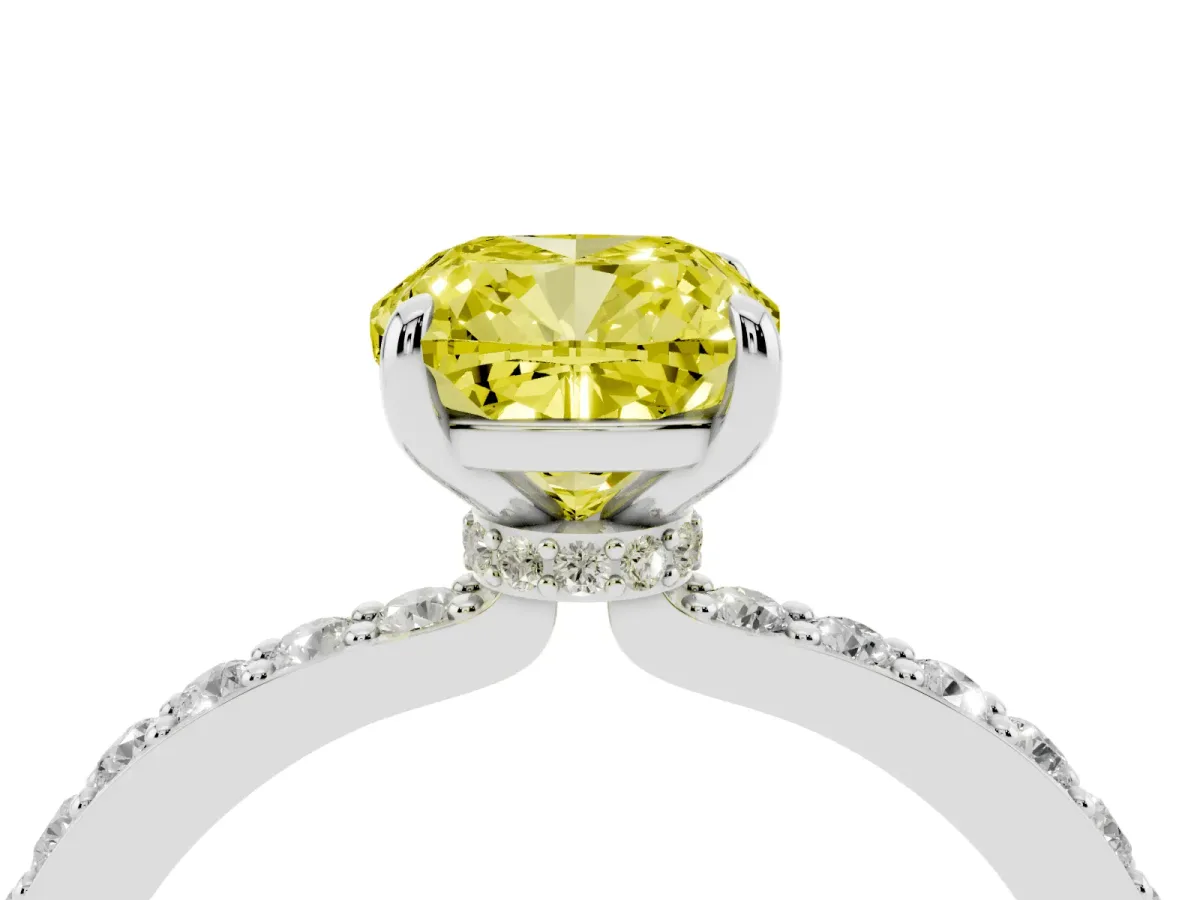Fancy Yellow Cushion Cut Diamond Pavé Engagement Ring with Round Accents and Prong Setting Silver