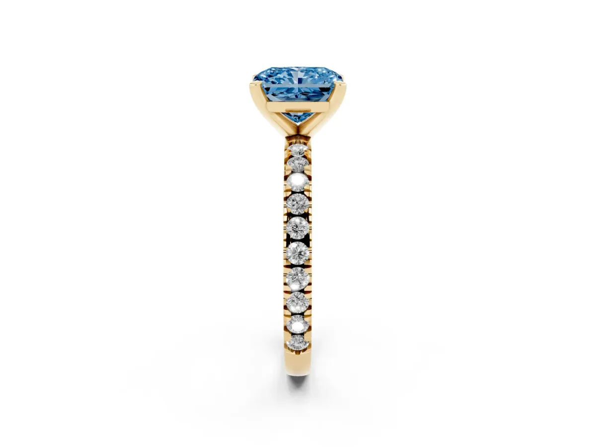 Fancy Blue Radiant Cut Diamond Pavé Band Solitaire with Four-Prong Setting Yellow gold