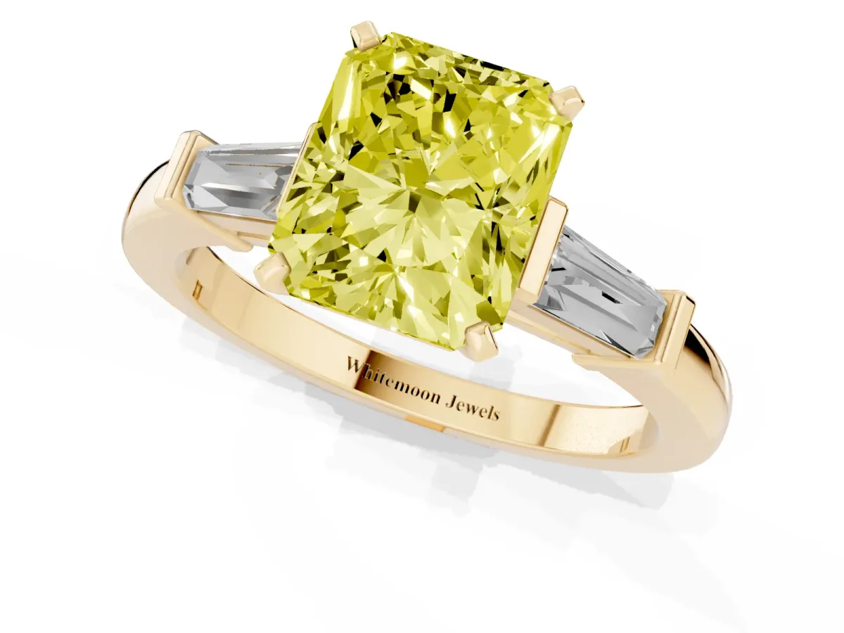 Fancy Yellow Radiant Cut Cut Diamond Solitaire Ring with Tapered Baguette Accents and Four-Prong Setting Yellow gold