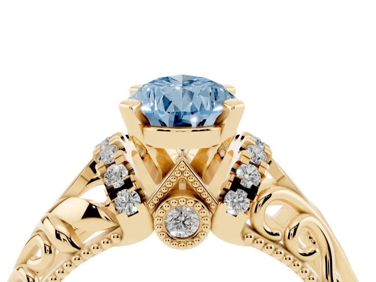 Fancy Blue Pear Cut Solitaire Filigree Engagement Ring with Halo and Prong Setting Yellow gold