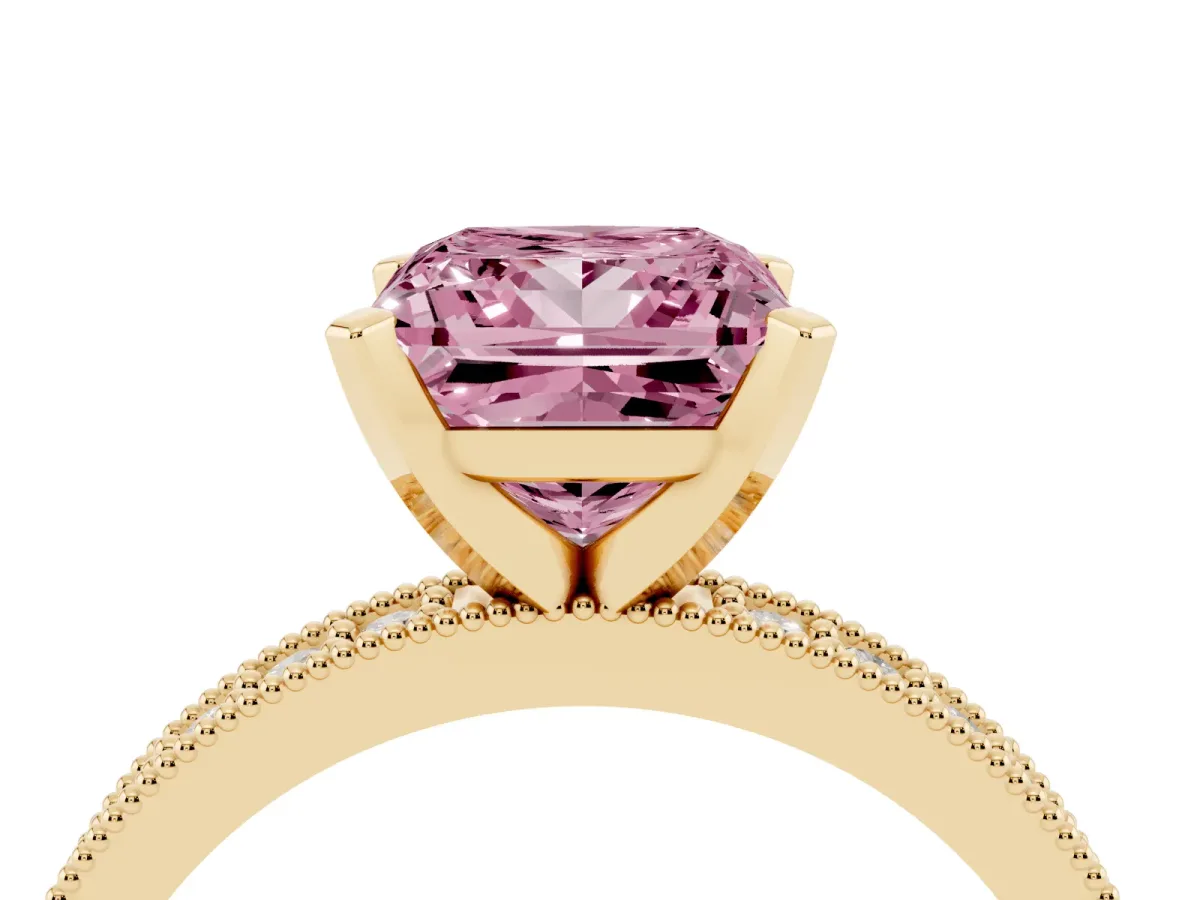 Fancy Pink Princess Cut Diamond Milgrain Pavé Engagement Ring with Four-Prong Setting Yellow gold