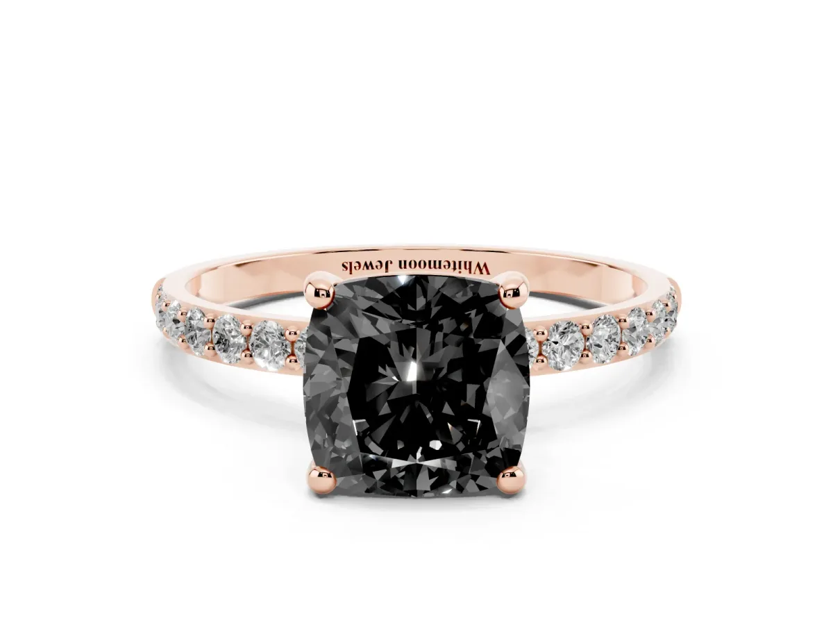 Fancy Black Cushion Cut Diamond Solitaire Ring with Round Pavé Band and Prong Setting Rose gold