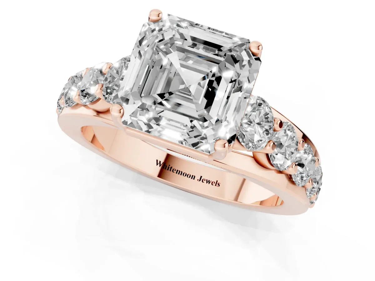 Asscher Cut Diamond Engagement Ring with Pavé Band and Four-Prong Setting Rose gold