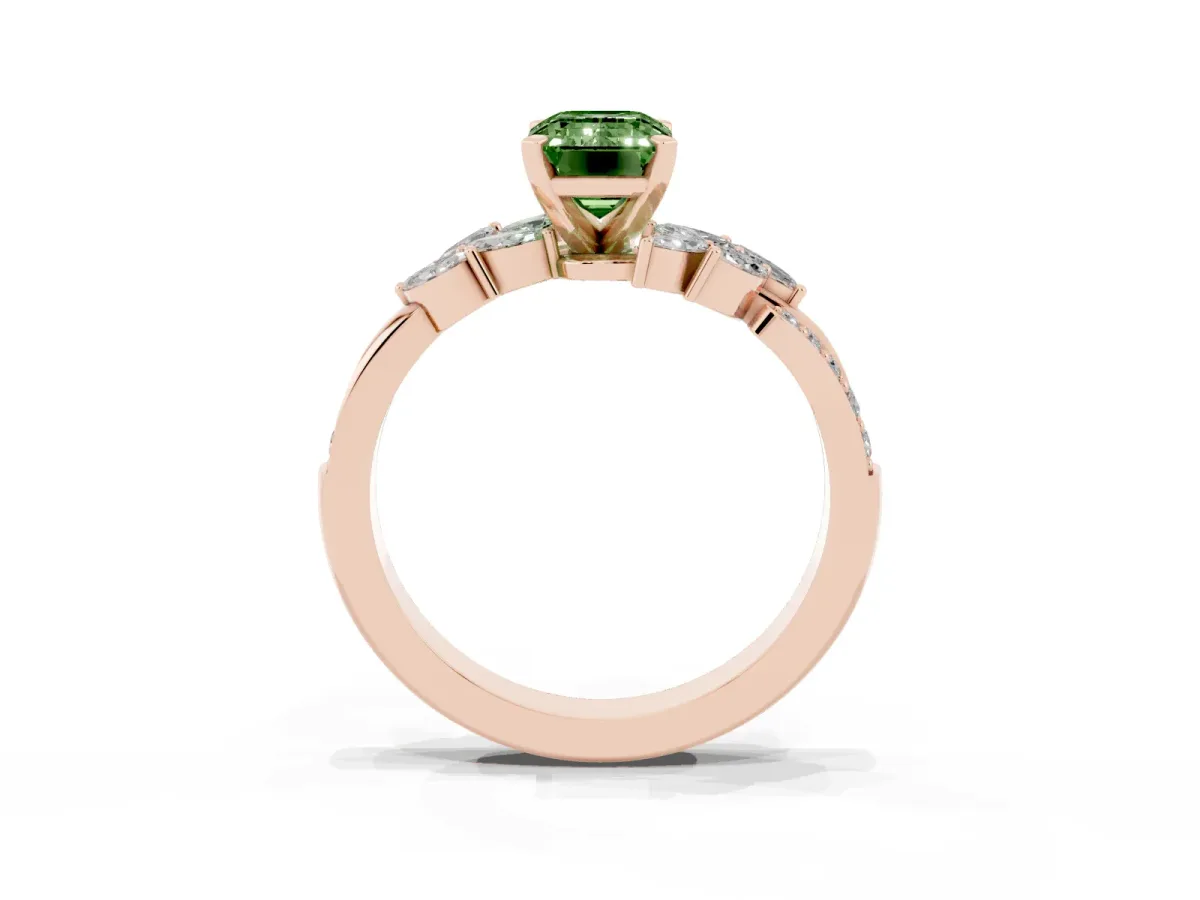 Fancy Green Emerald Cut Solitaire Marquise Twist Band with Six-Prong Setting Rose gold