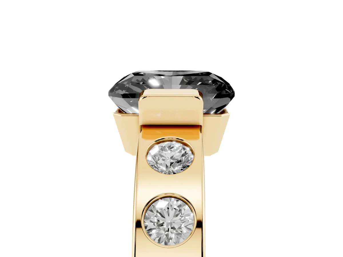 Fancy Black Radiant Cut Brilliant Channel-Set Diamond Ring with Bezel Prong Setting Yellow gold