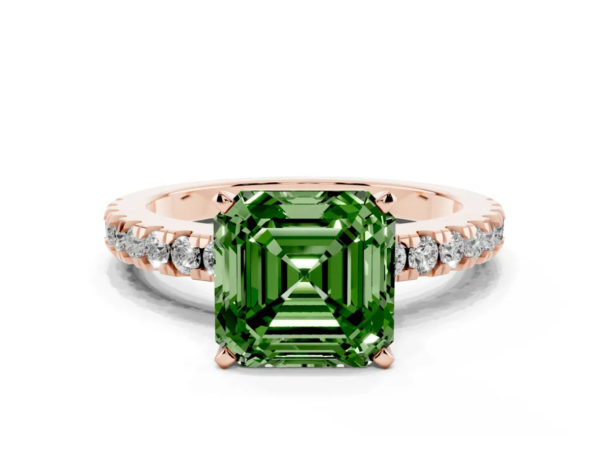 Fancy Green Asscher Cut Solitaire Diamond with Pavé Band and Four-Prong Setting Rose gold