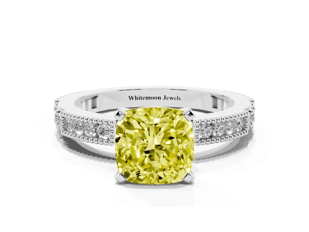 Fancy Yellow Cushion Cut Solitaire with Pavé Band and Four-Prong Setting Silver