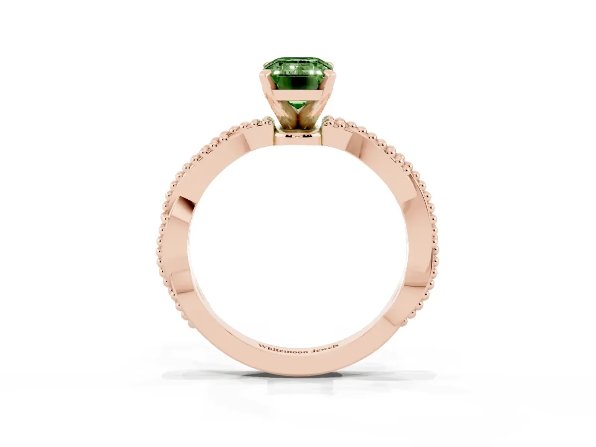 Fancy Green Emerald Cut Solitaire Twisted Band with Bead Prong Setting Rose gold