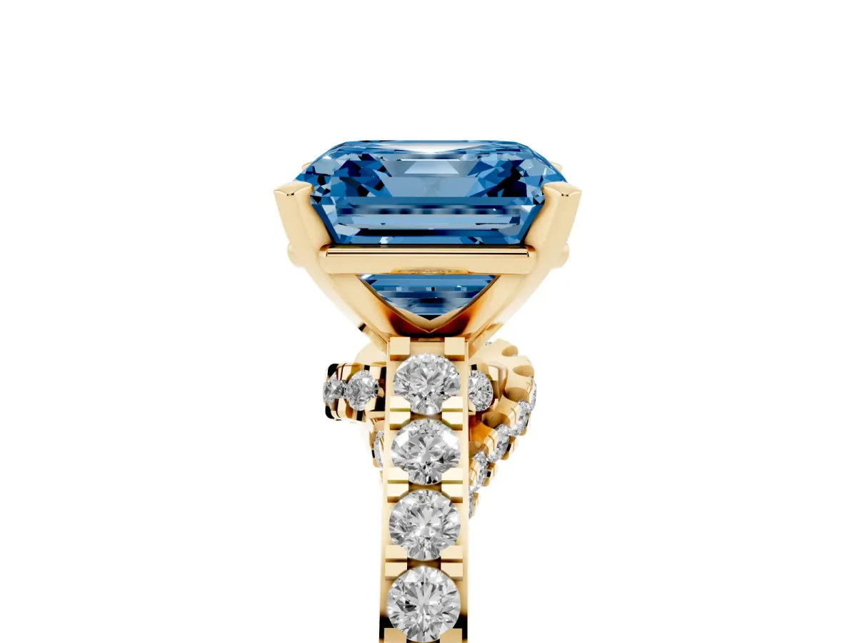 Fancy Blue Asscher Cut Diamond Solitaire Ring with Crossover Gallery and Round Pavé Band Yellow gold