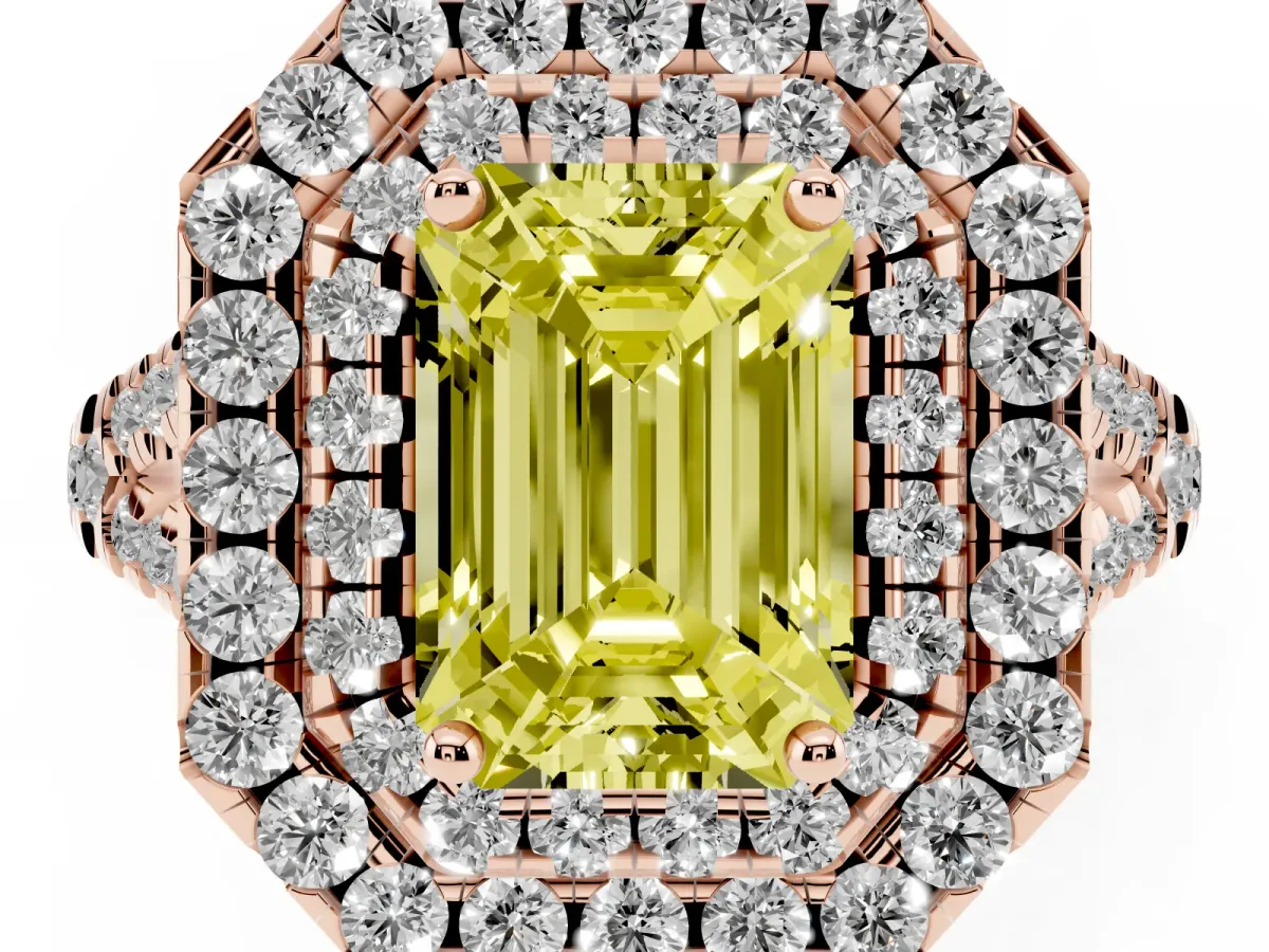 Fancy Yellow Double Halo Emerald Cut Diamond Pavé Split Shank Ring with Prong Setting Rose gold