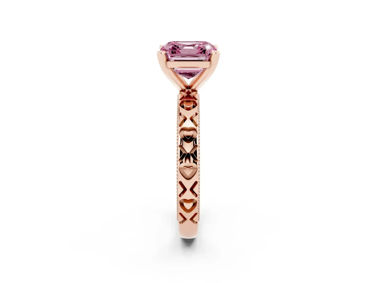 Fancy Pink Asscher Cut Solitaire Diamond Engagement Ring with XO Engraved Band and Four-Prong Setting Rose gold