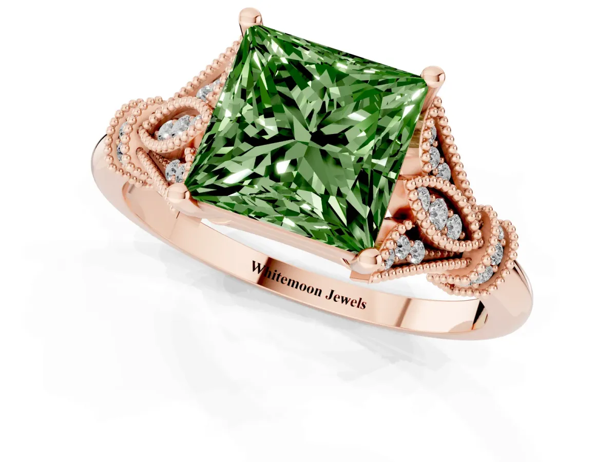 Fancy Green Princess Cut Diamond Solitaire Ring with Floral Filigree and Pave Accents Rose gold