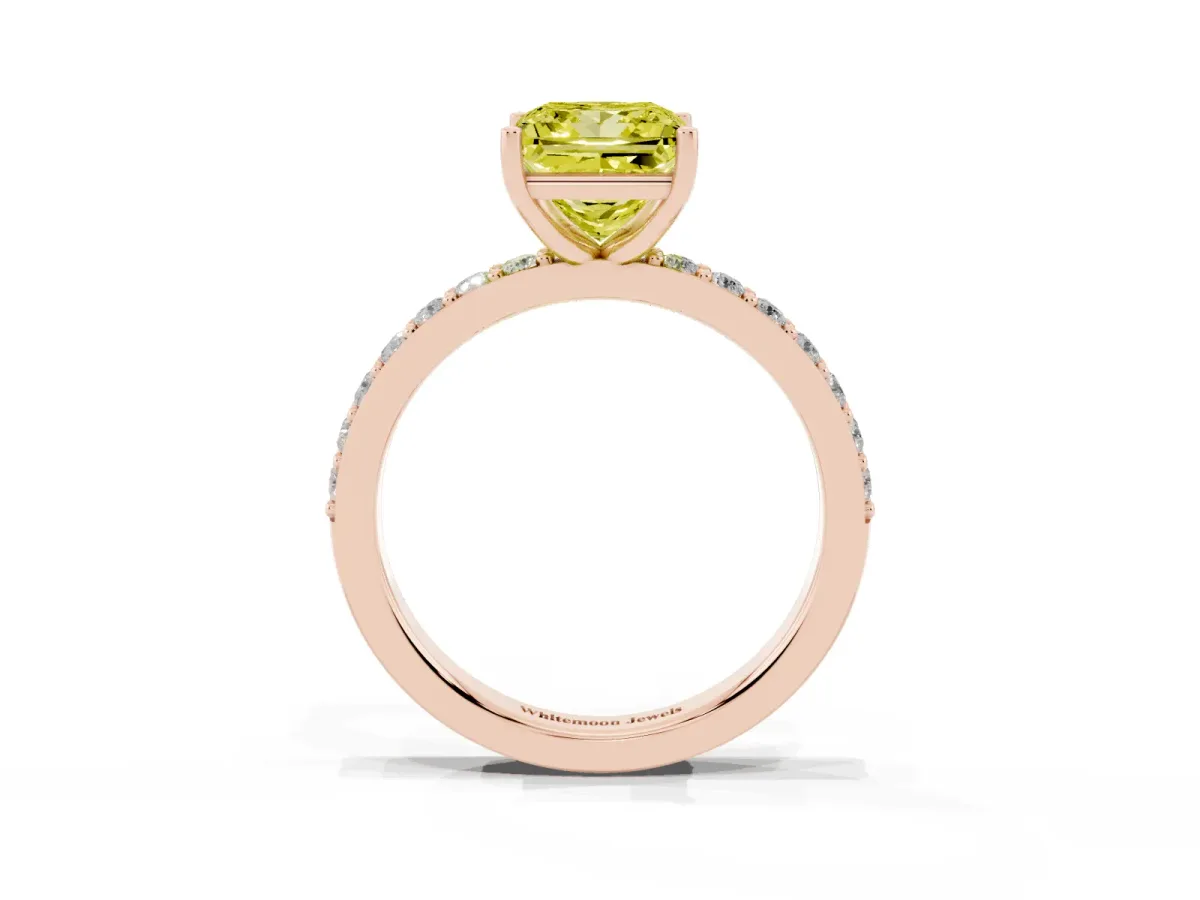 Fancy Yellow Princess Cut Cut Diamond Solitaire with Pave Band and Four-Prong Setting Rose gold
