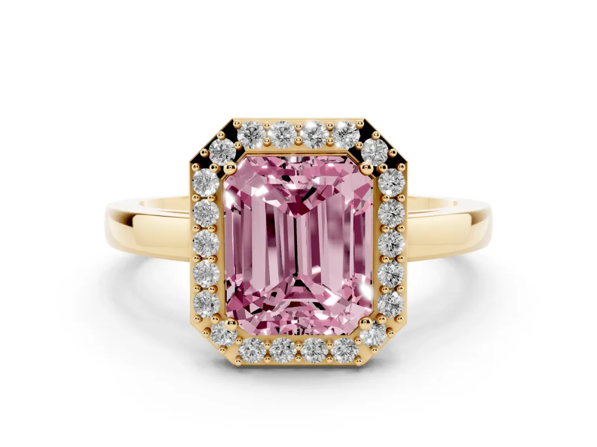 Fancy Pink Radiant Cut Halo Diamond Ring with Solitaire Band and Prong Setting Yellow gold