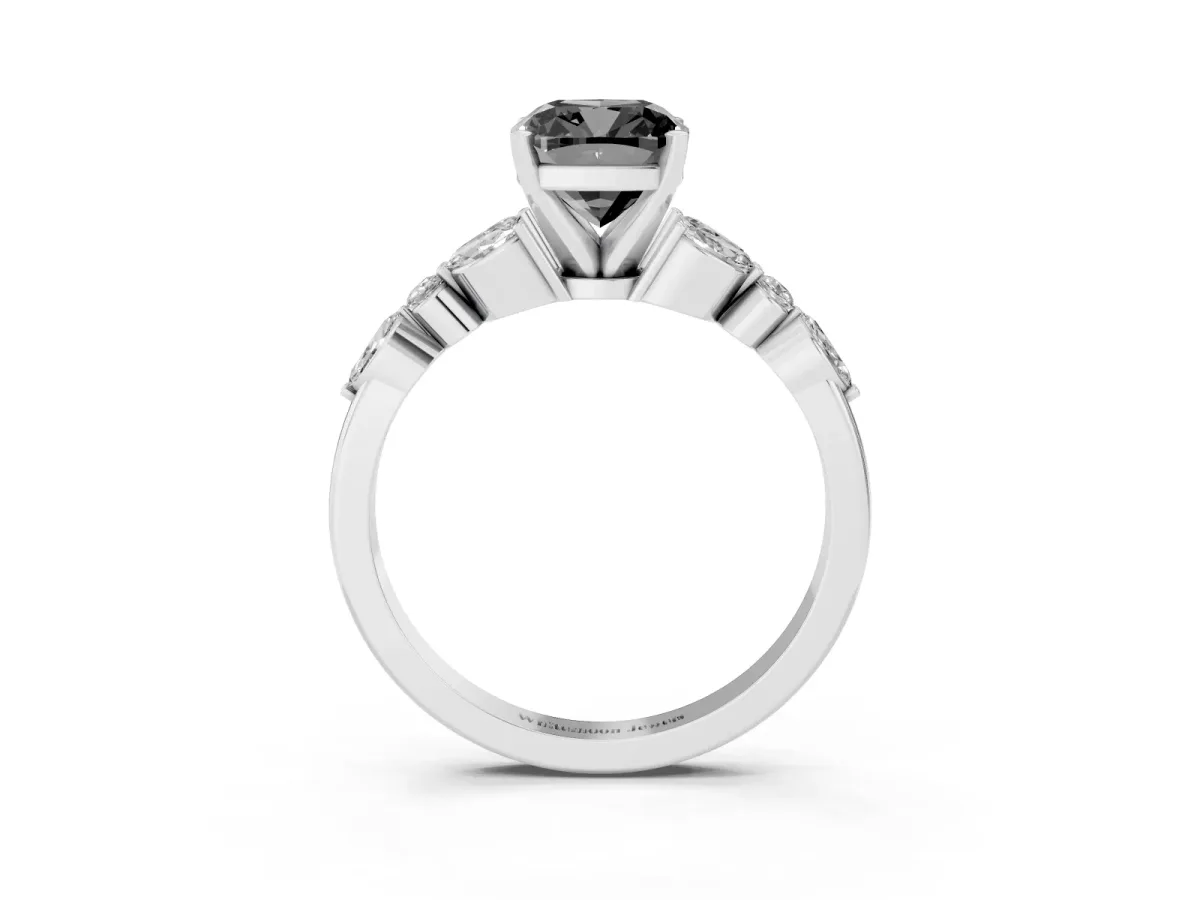 Fancy Black Cushion Cut Diamond Solitaire Ring with Side Stones and Four-Prong Setting Platinum