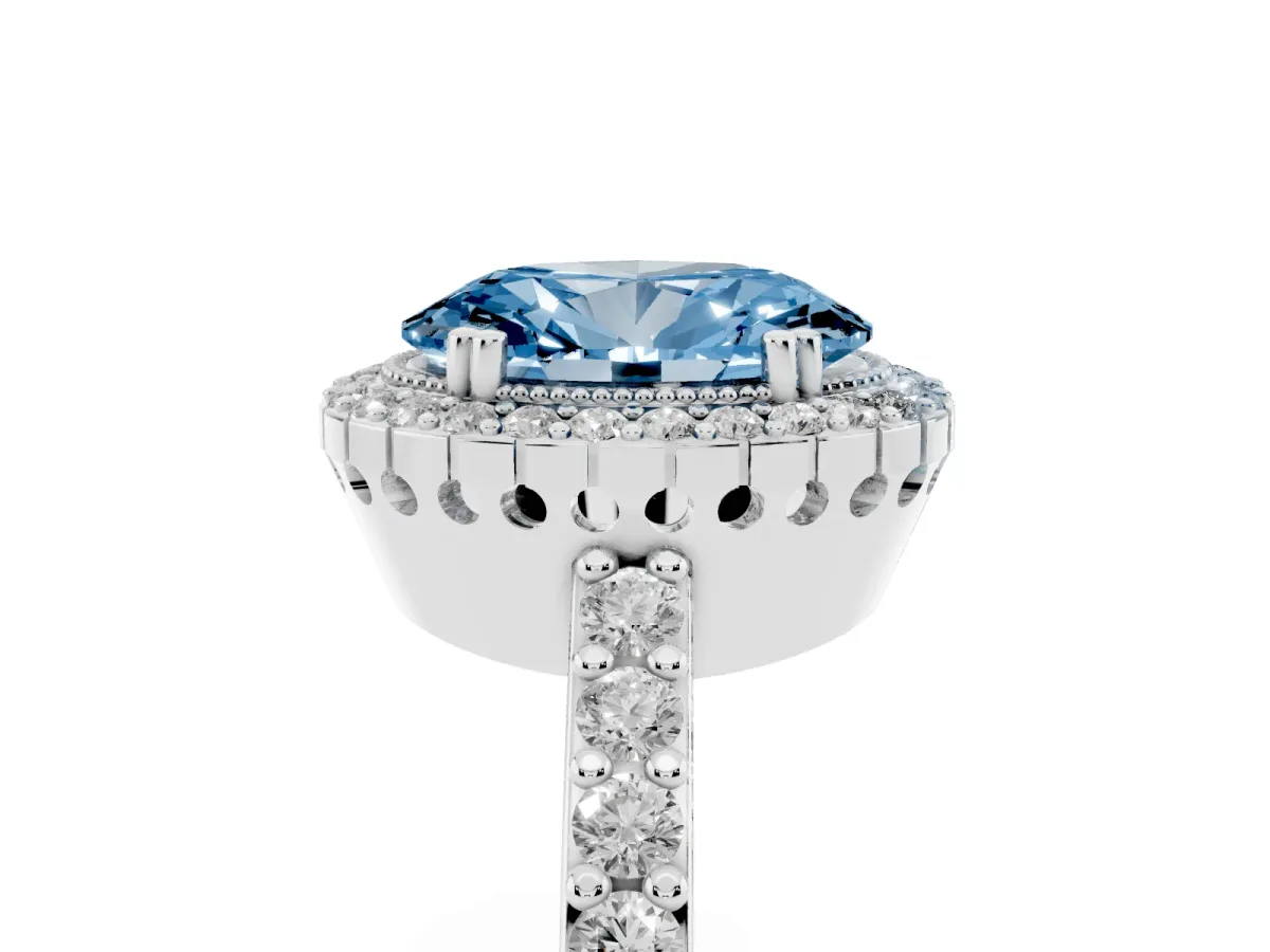 Fancy Blue Oval Cut Cut Diamond Halo Engagement Ring with Milgrain Detail and Pavé Band White gold