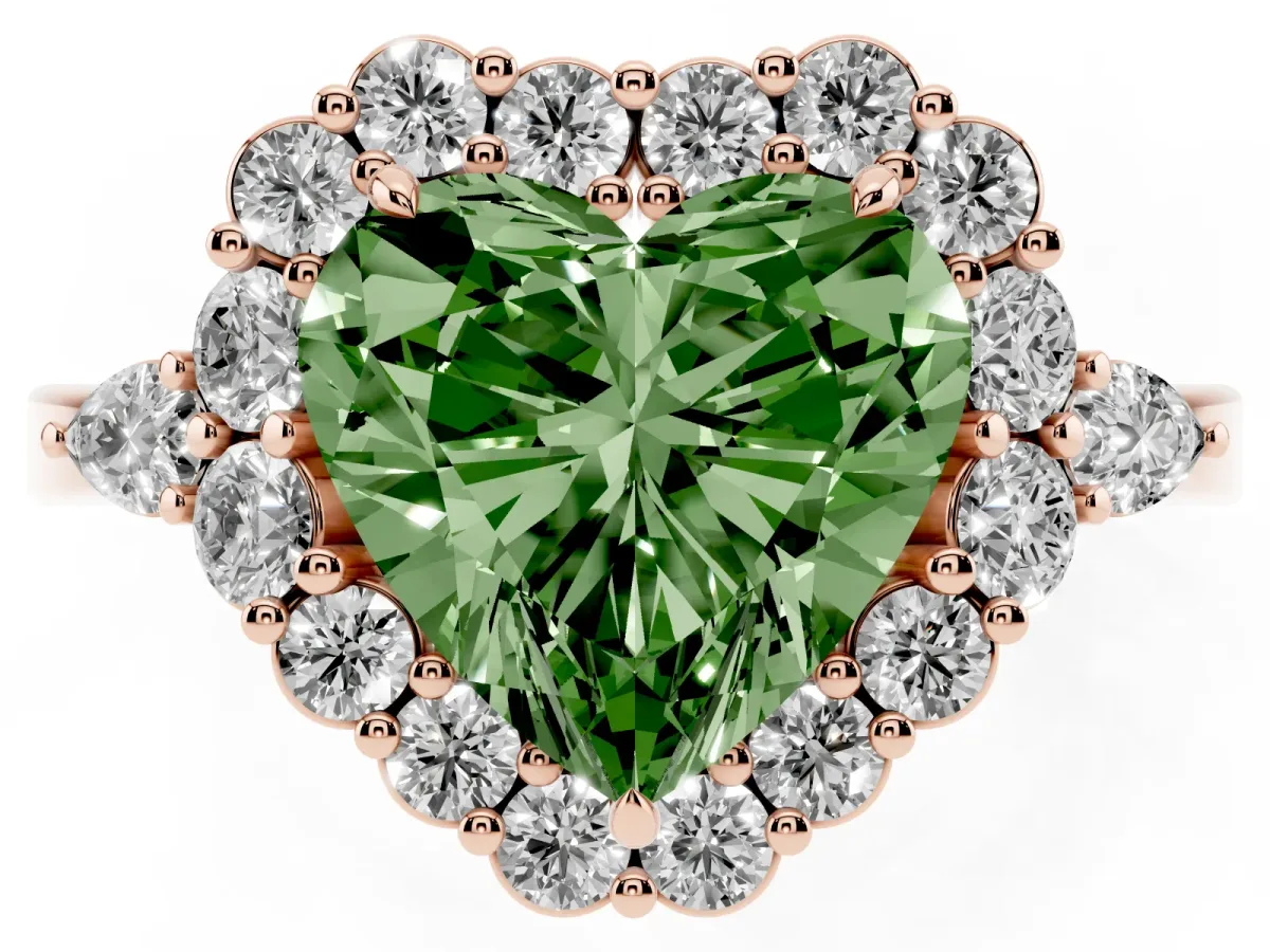 Fancy Green Heart Cut Diamond Halo Ring with Pear Side Stones and Prong Setting Rose gold