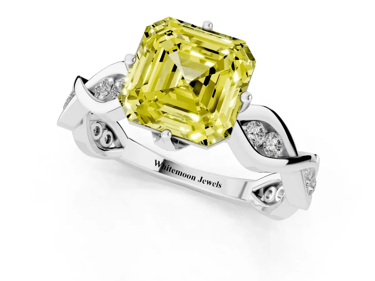 Fancy Yellow Asscher Cut Solitaire Twist Band with Leaf Prong Setting Silver