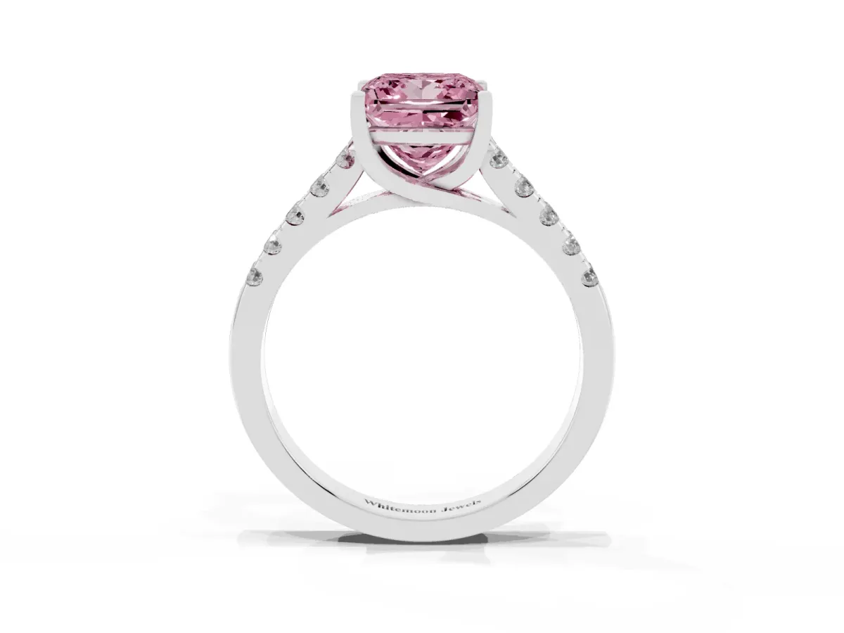 Fancy Pink Princess Cut Diamond Pavé Band Solitaire Ring with Prong Setting Platinum