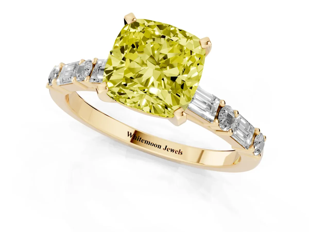 Fancy Yellow Cushion Cut Diamond Solitaire with Side Baguettes and Channel Set Band Yellow gold