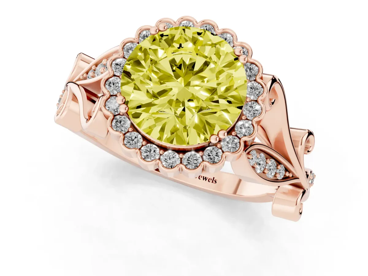 Fancy Yellow Round Cut Diamond Halo Ring with Vintage Split Shank and Four-Prong Setting Rose gold