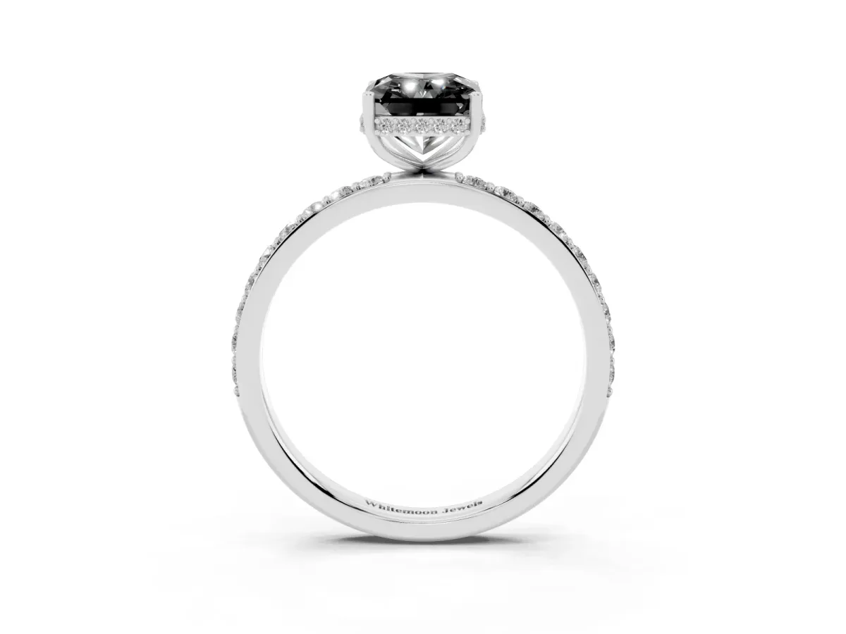 Fancy Black Radiant Cut Diamond Solitaire Ring with Pavé Band and Hidden Halo White gold