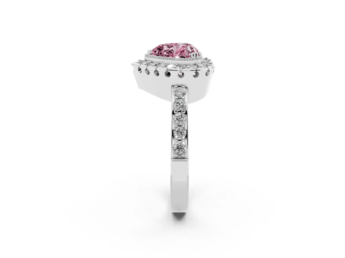 Fancy Pink Heart Cut Diamond Halo Ring with Pavé Band and Prong Setting White gold