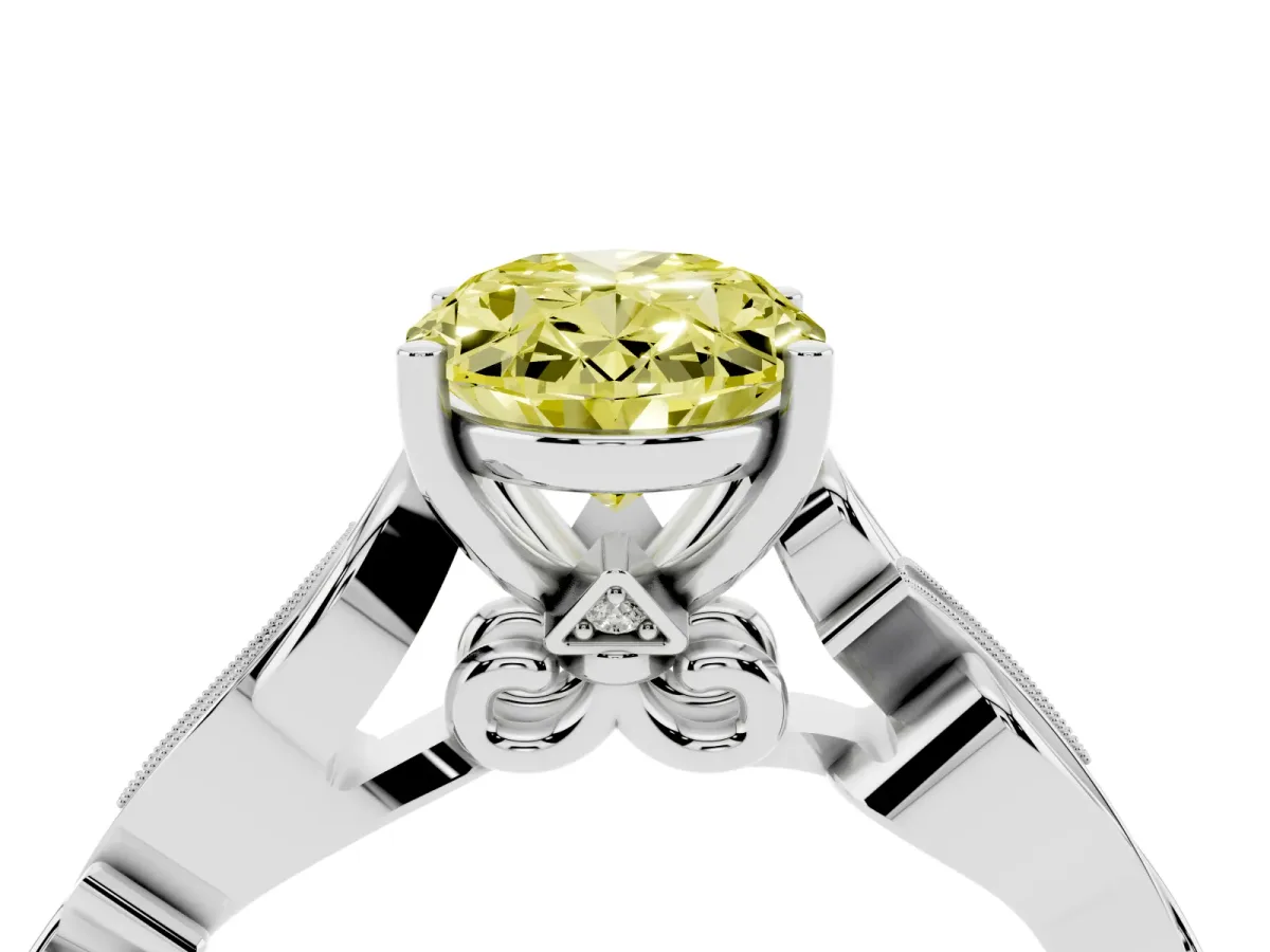 Fancy Yellow Oval Cut Solitaire Vine Band with Milgrain Prong Setting Silver