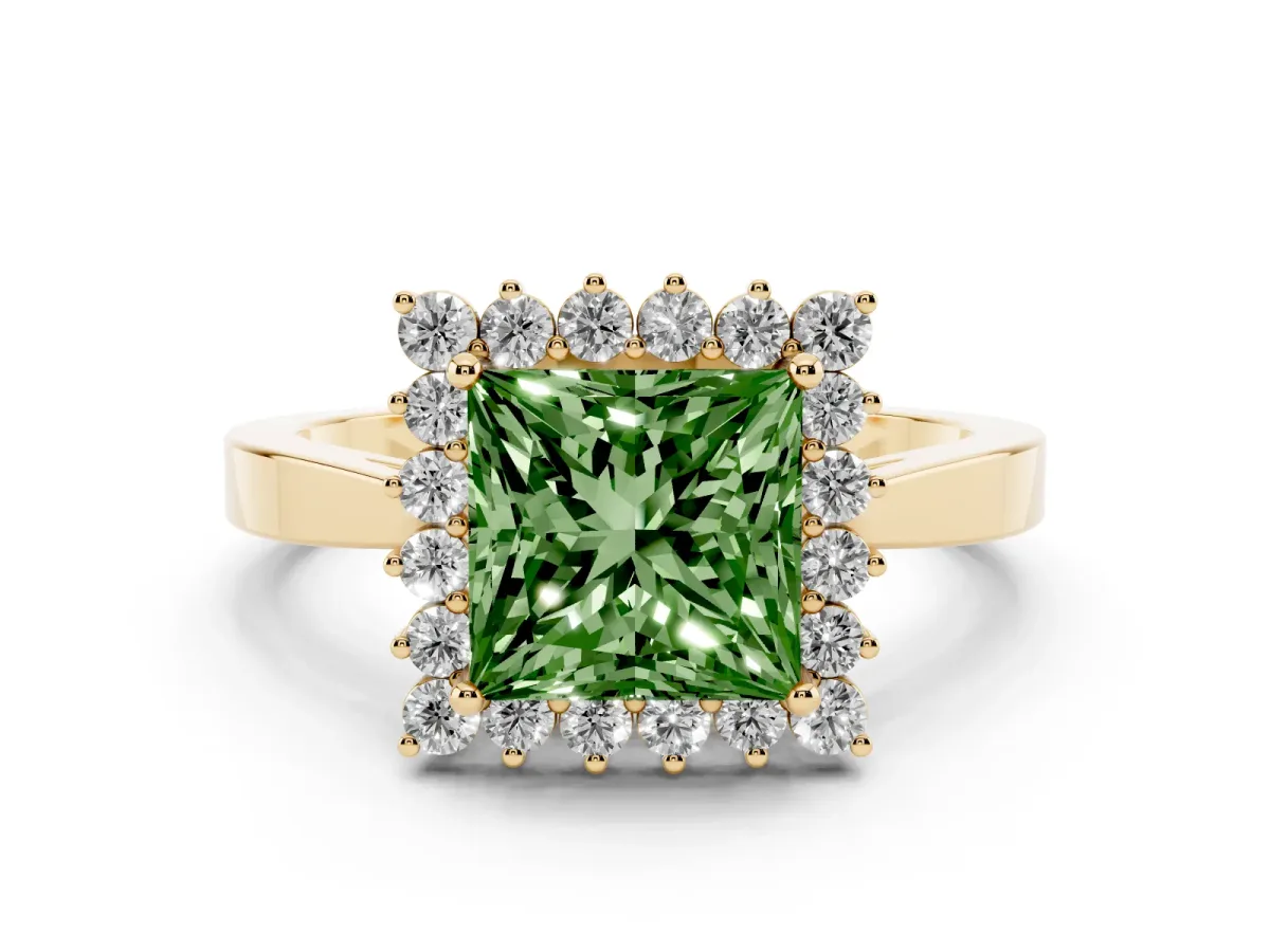 Fancy Green Princess Cut Cut Diamond Halo Ring with Round Brilliant Halo and Solitaire Band Yellow gold